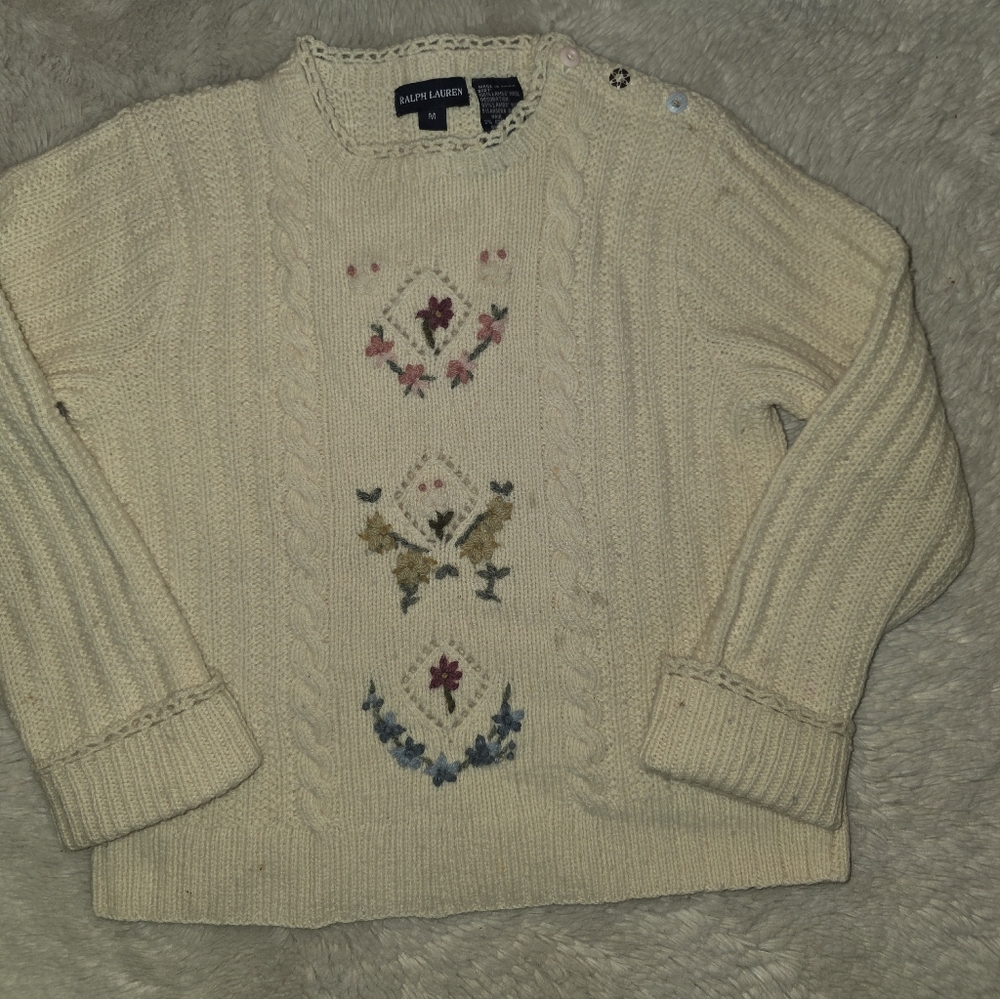 Ralph Lauren Vintage Lambs Wool Sweater with Colorful Embroidery Size M